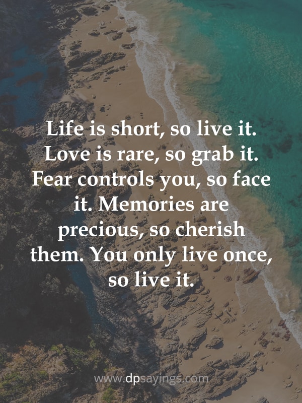 “Life is short, so live it. Love is rare, so grab it. Fear controls you, so face it. Memories are precious, so cherish them. You only live once, so live it.”